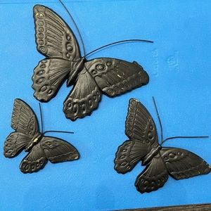 Set of 3 solid brass butterflies, wall hanging.